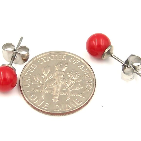 Red Resin Ball Stud Earrings Hypoallergenic Surgical Steel Posts Backs 6mm - Picture 4 of 4